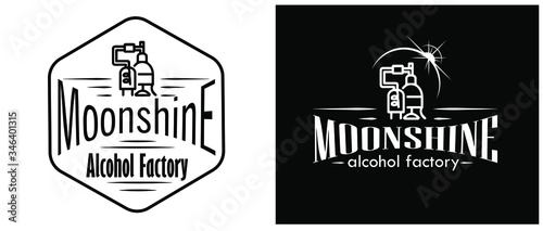 Vintage design of moonshine label with ethnic elements in the style of thin line, bourbon, moonshine and brandy. Black and white vintage logo or label options. Monochrome, black on white. white on bla