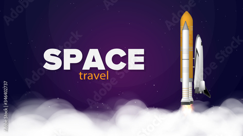Travel space. Purple banner on the theme of space flight. Space shuttle. Fighter. Rocket Carrier is taking off. Vector.