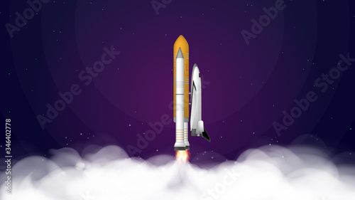 Space trip. Purple banner on the theme of space flight. Space shuttle. Fighter. Rocket Carrier is taking off. Vector.