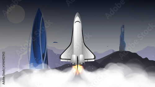 City of the future with unusual buildings. Space shuttle. The booster takes off. City on Mars. Flying transport. Fantasy, collonization of planets. Vector.
