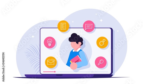 Webinar, online conference, webinar. Distance learning method. The man on the laptop screen. Modern flat vector illustration.