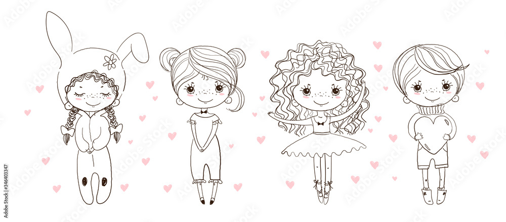 Children s coloring book with set of cute characters. A linear doodle sketch, a ballerina, a boy in shorts, a girl in pajamas and a rabbit carnival costume. Vector illustration.