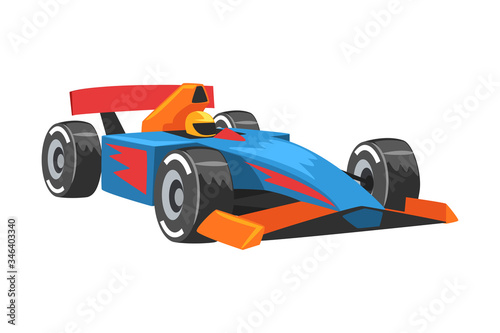 Blue Racing Car on Pit Stop, Fast Motor Racing Bolid Cartoon Vector Illustration