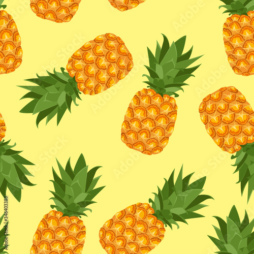 Pineapple seamless pattern. Vector illustration of ripe tropical fruits on  yellow background. Cartoon flat style.