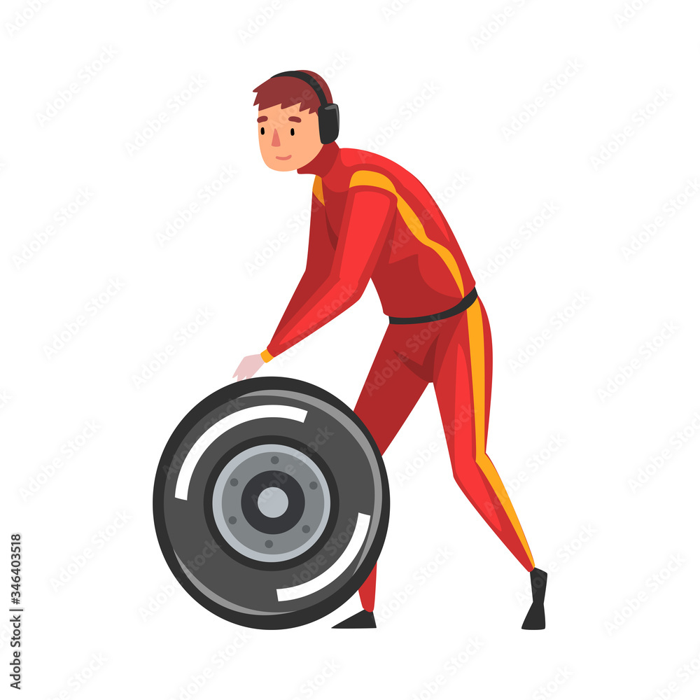 Pit Stop Crew Member Changing Tire Wheel, Maintenance of Racing Car, Professional Mechanic Cartoon Character in Red Uniform and Earphones Vector Illustration