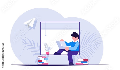 Freelancer or employee during distance work sits with laptop on the window sill near the window. Modern flat vector illustration.