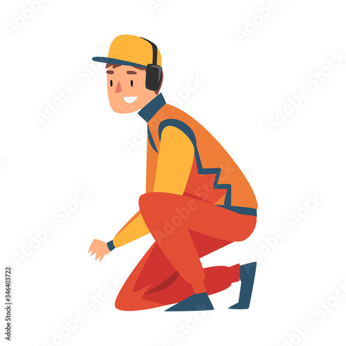 Squatting Professional Mechanic Cartoon Character in Unifrom and Earphones, Maintenance of Racing Car, Pit Stop Crew Member Vector Illustration