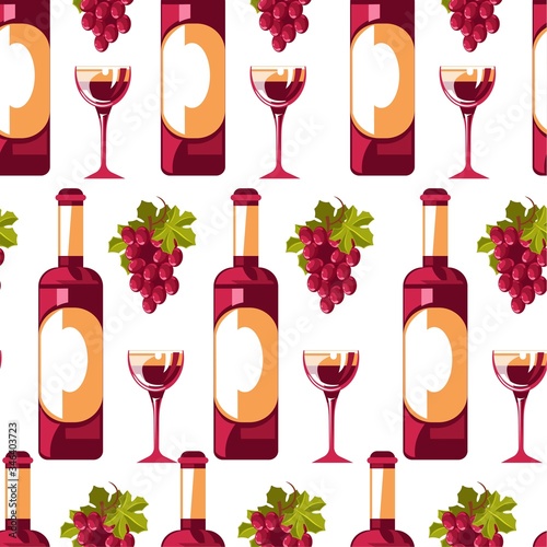 Wine bottle and grapes with wineglass seamless pattern