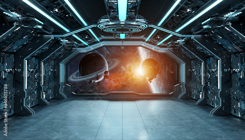 Fototapeta Naklejka Na Ścianę i Meble -  Dark blue spaceship futuristic interior with window view on space and planets 3d rendering