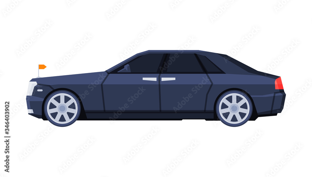 Black Sedan Car, Government or Presidential Vehicle, Luxury Business Transportation, Side View Flat Vector Illustration