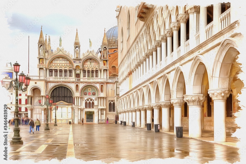 Doges Palace. Imitation of a picture. Oil paint. Illustration. City Venice