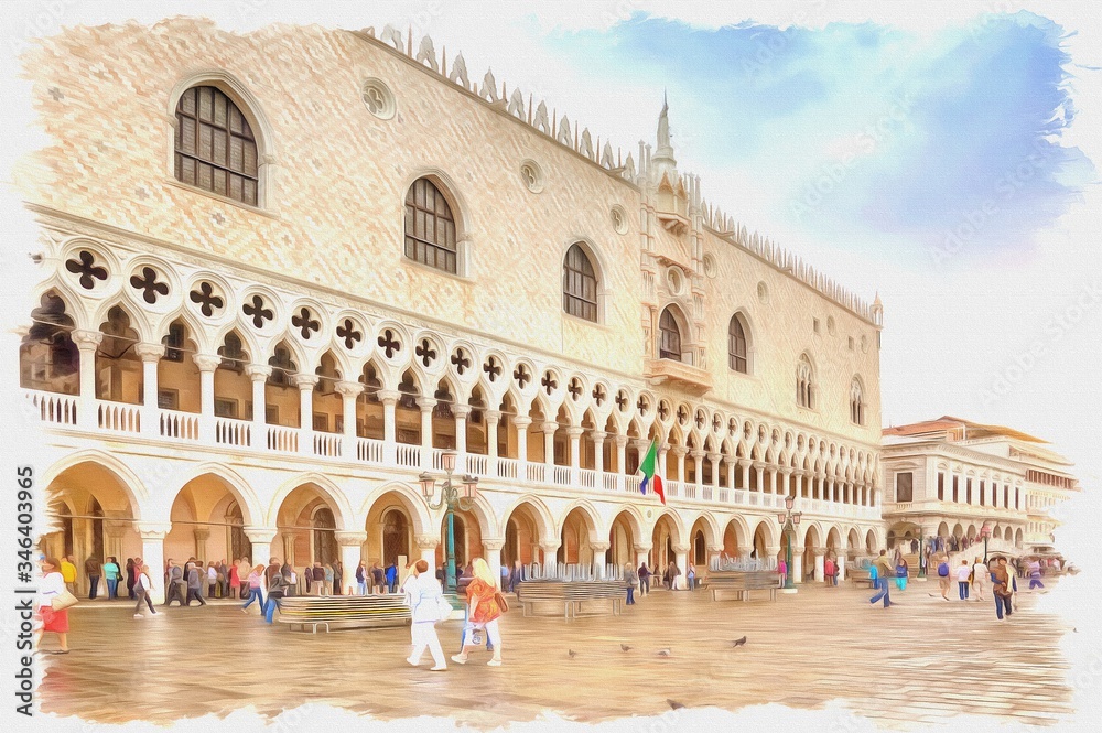 Fototapeta premium Doges Palace. Imitation of a picture. Oil paint. Illustration. City Venice