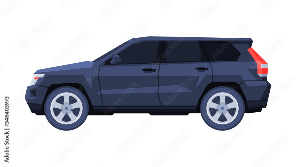 Black Car, Government or Presidential Off Road Vehicle, Luxury Business Transportation, Side View Flat Vector Illustration