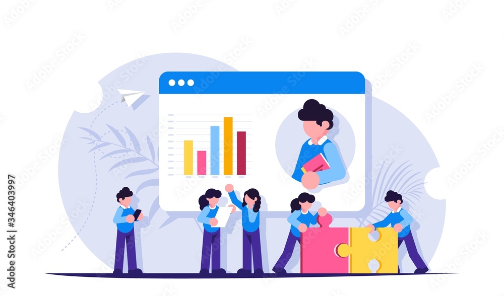 Teamwork. Presentation or video conference in the browser. Growth schedule. The joint work of the people. Modern flat vector illustration. Teamwork. Presentation or video conference in the browser. Growth schedule. The joint work of the people. Modern flat vector illustration.