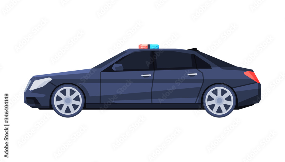 Government Sedan Car with Flashing Lights, Black Presidential Auto, Luxury Business Transportation, Side View Flat Vector Illustration
