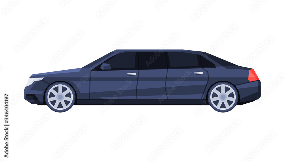 Limousine Government Car, Black Presidential Auto, Luxury Business Transportation, Side View Flat Vector Illustration