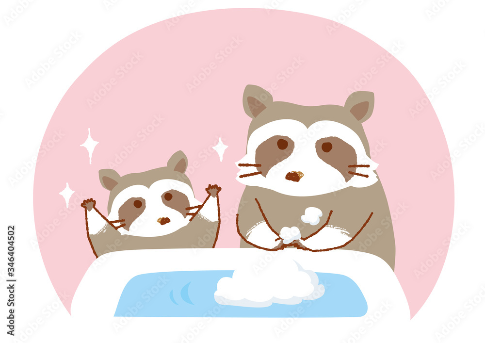 Fototapeta premium 手を洗うアライグマのイラスト