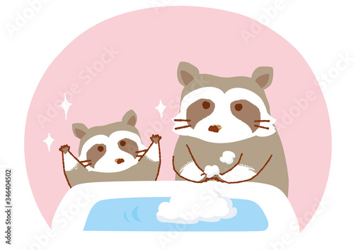 手を洗うアライグマのイラスト