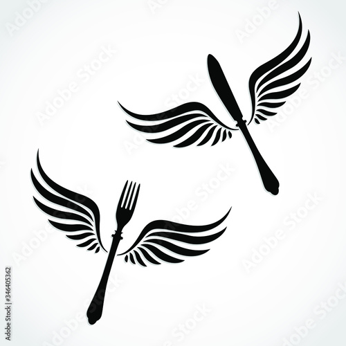 winged silhouette fork and knife / food theme