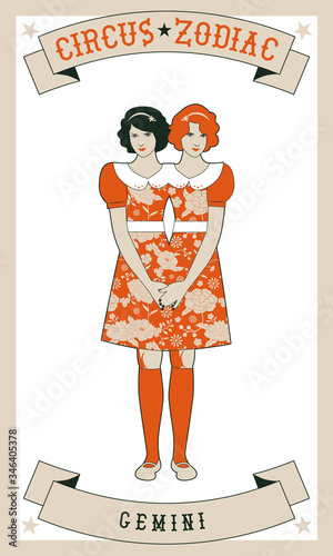 Zodiac Circus. Gemini sign. Two Siamese girls, with one body, vintage style