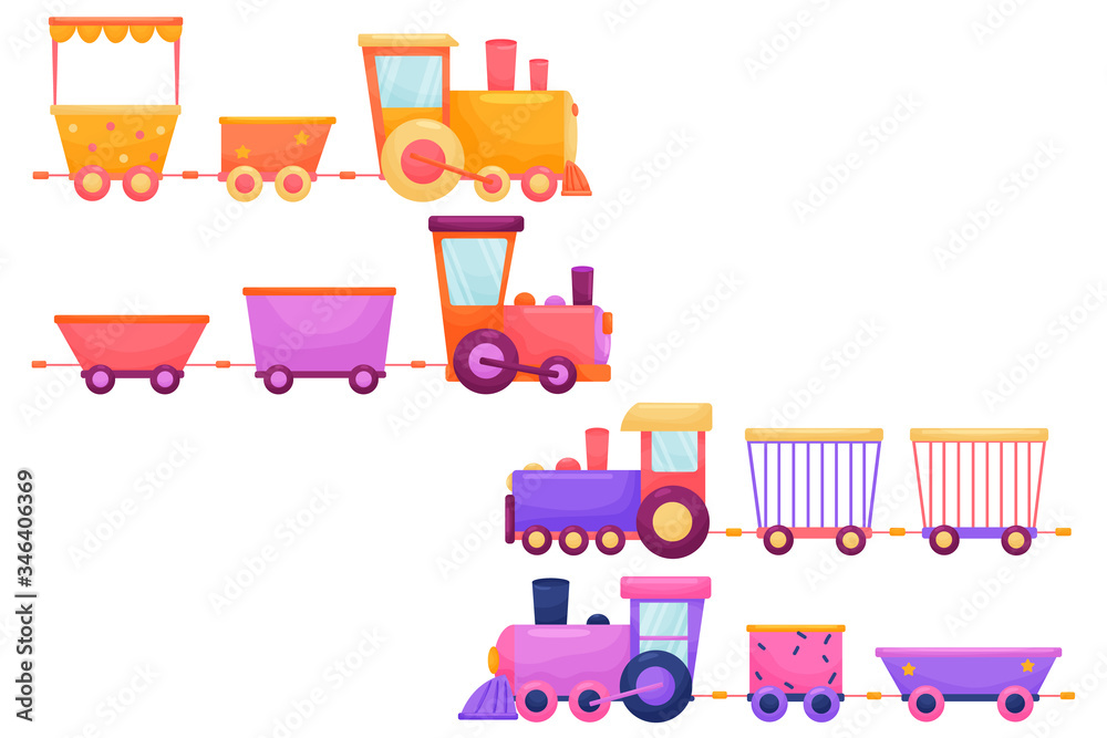 Fototapeta premium Vector set of cartoon children train with vivid colors. Flat puffer for kids and animals on white isolated background