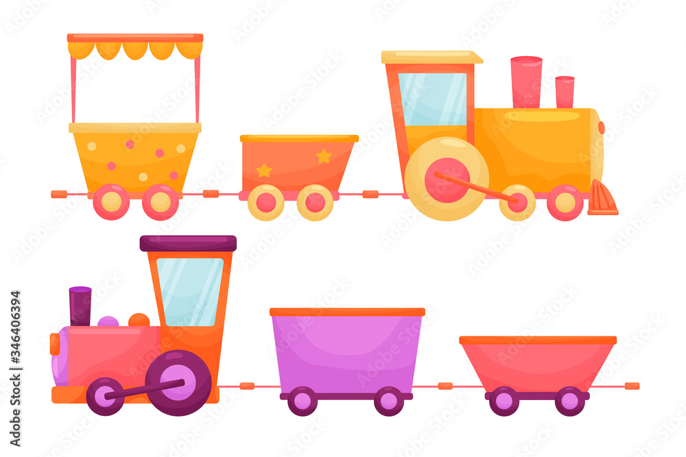 Vector set of cartoon children train with vivid colors. Flat puffer for kids and animals on white isolated background Vector set of cartoon children train with vivid colors. Flat puffer for kids and animals on white isolated background