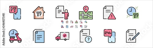 Food Delivery Filled Outline Icons. Colorful Linear Set Vector Line Icon. Courier Bike, Food Box, Contactless Delivery and more. 64x64 Pixel Perfect. Editable Stroke