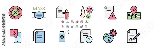 Coronavirus Safety Filled Outline Icons. Colorful Linear Set Vector Line Icon.  Outbreak Map, Washing Hands, Mask and more. 64x64 Pixel Perfect. Editable Stroke
