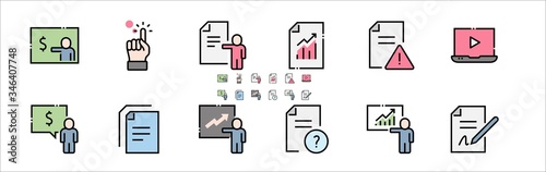 Business Training Filled Outline Icons. Colorful Linear Set Vector Line Icon. Class, Presentation, Mentoring and more. 64x64 Pixel Perfect. Editable Stroke