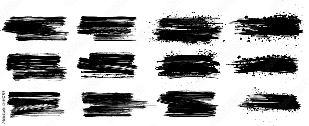 Brush strokes. Vector paintbrush set. Grunge design elements. Long text boxes. Dirty distress texture banners. Ink splatters. Grungy painted objects.
