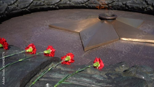 Red carnations and Quenchless Flame burns, symbolizing memory and respect for the soldiers who died in World War II