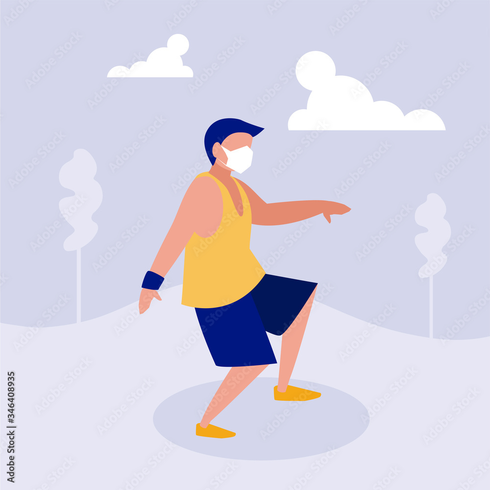 Man with mask doint sport at park vector design