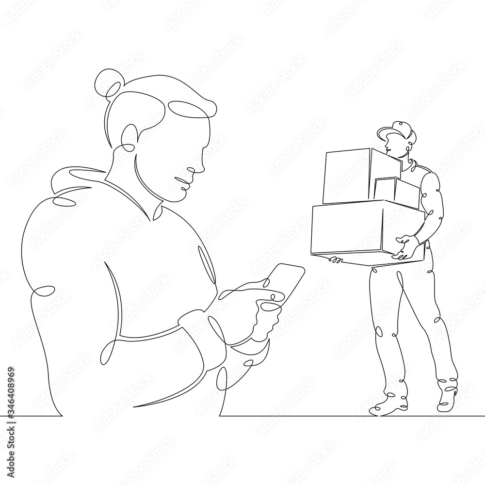 young man calls a courier, courier delivery service, courier with parcels