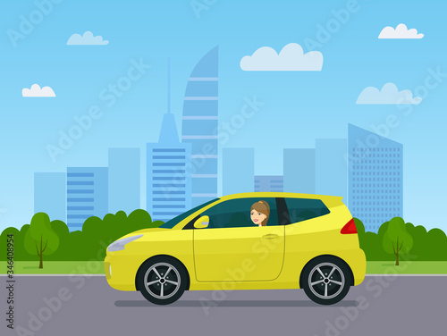 Fototapeta Naklejka Na Ścianę i Meble -  Compact hatchback car with a young woman driving on a background of abstract cityscape. Vector flat style illustration.