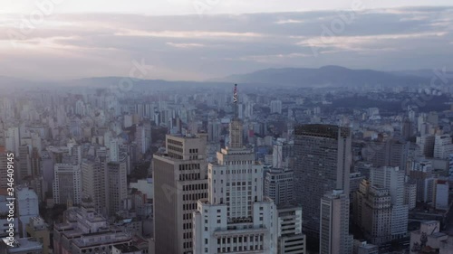 Aerial view of Altino Arantes building, called Banespao with the flag fluttering, Sao Paulo downtown, Brazil photo