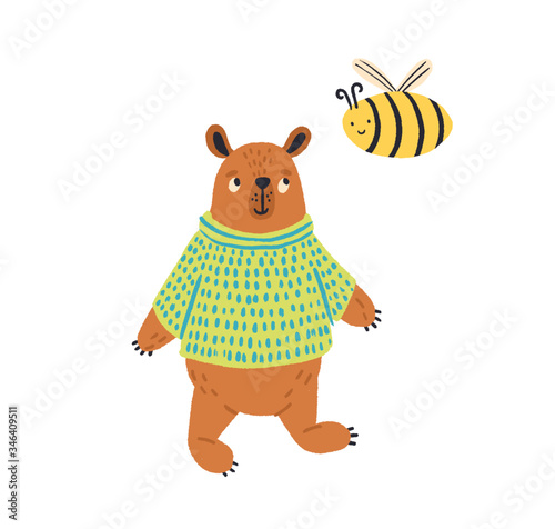 Cartoon colorful bear in jumper standing with bee vector flat illustration