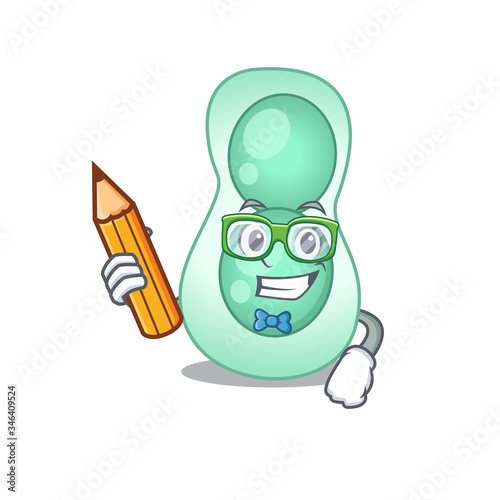 A brainy student serratia marcescens cartoon character with pencil and glasses