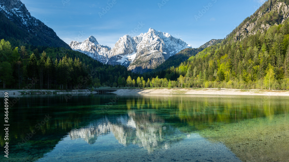 Jasna lake at Kranjska Gora in Slovenia, Europe on a beautiful spring morning.