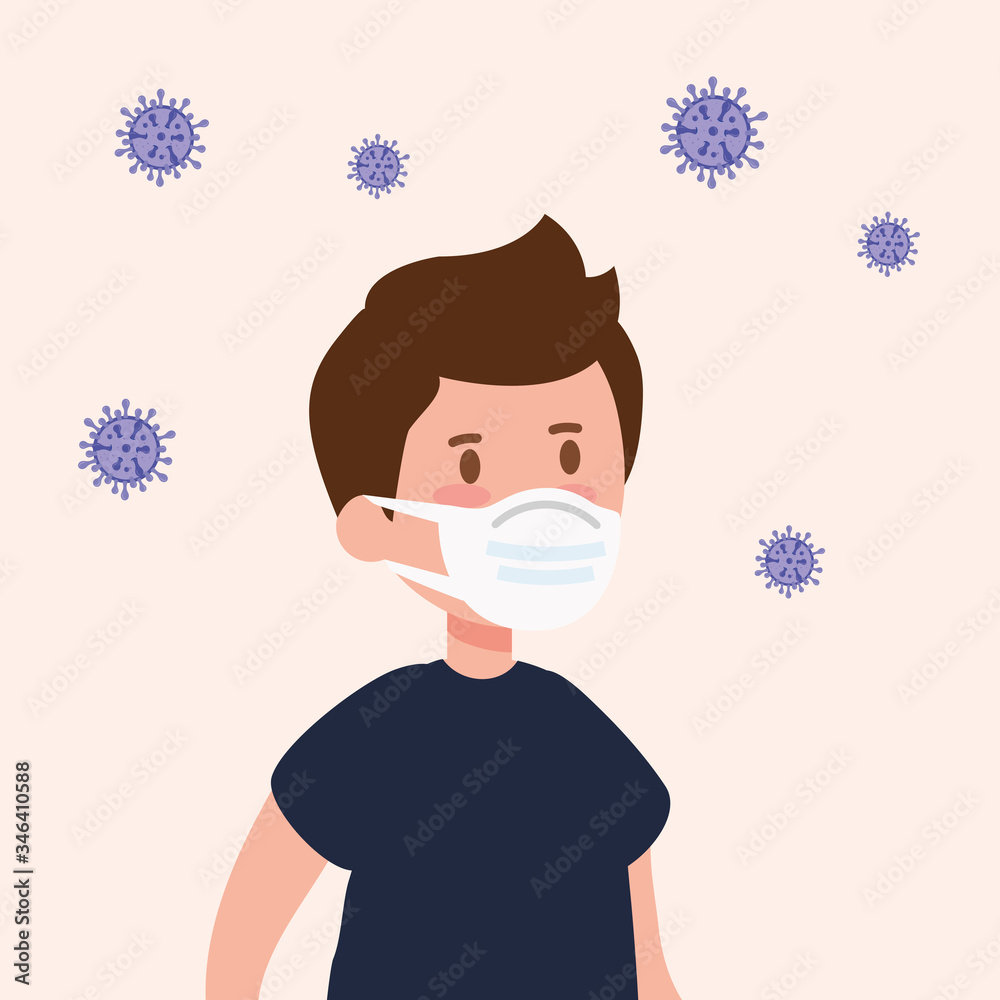 cute boy using face mask with particles covid 19 vector illustration design cute boy using face mask with particles covid 19 vector illustration design