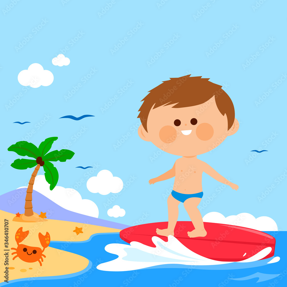 Child surfing on a wave in the sea by the beach. Vector illustration