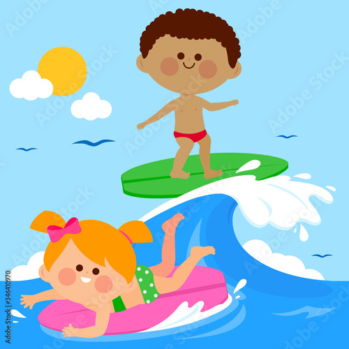Children surfing on a wave in the sea. Vector illustration
