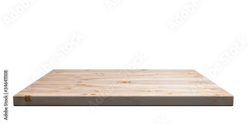 Empty wooden shelf isolated cutout on white wall background. Perspective view. 3d illustration