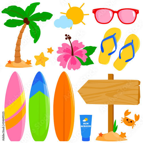 Summer beach and surfing set. Vector illustration collection