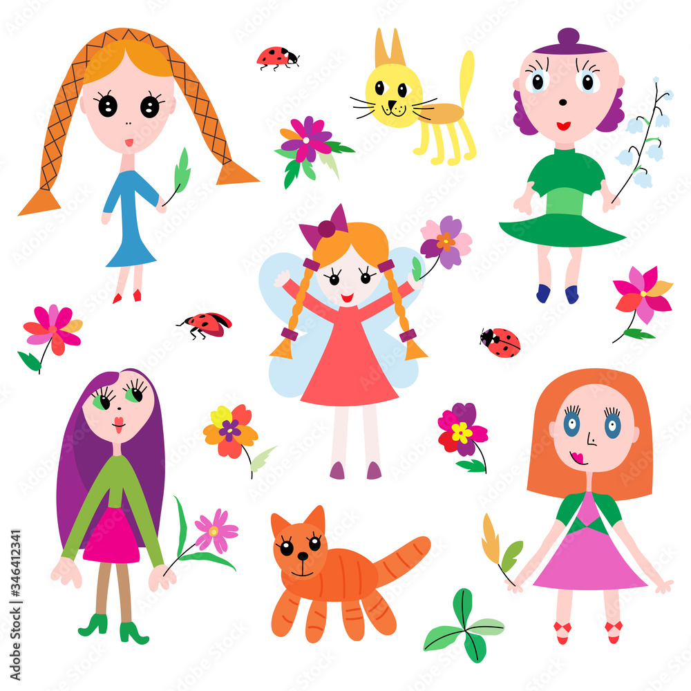 Cute cartoon girls with flowers and cats children's drawings vector illustration Cute cartoon girls with flowers and cats children's drawings vector illustration
