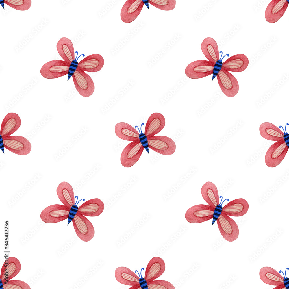 Hand-drawn watercolor seamless pattern with decorative folk pink butterflies on a white background.
