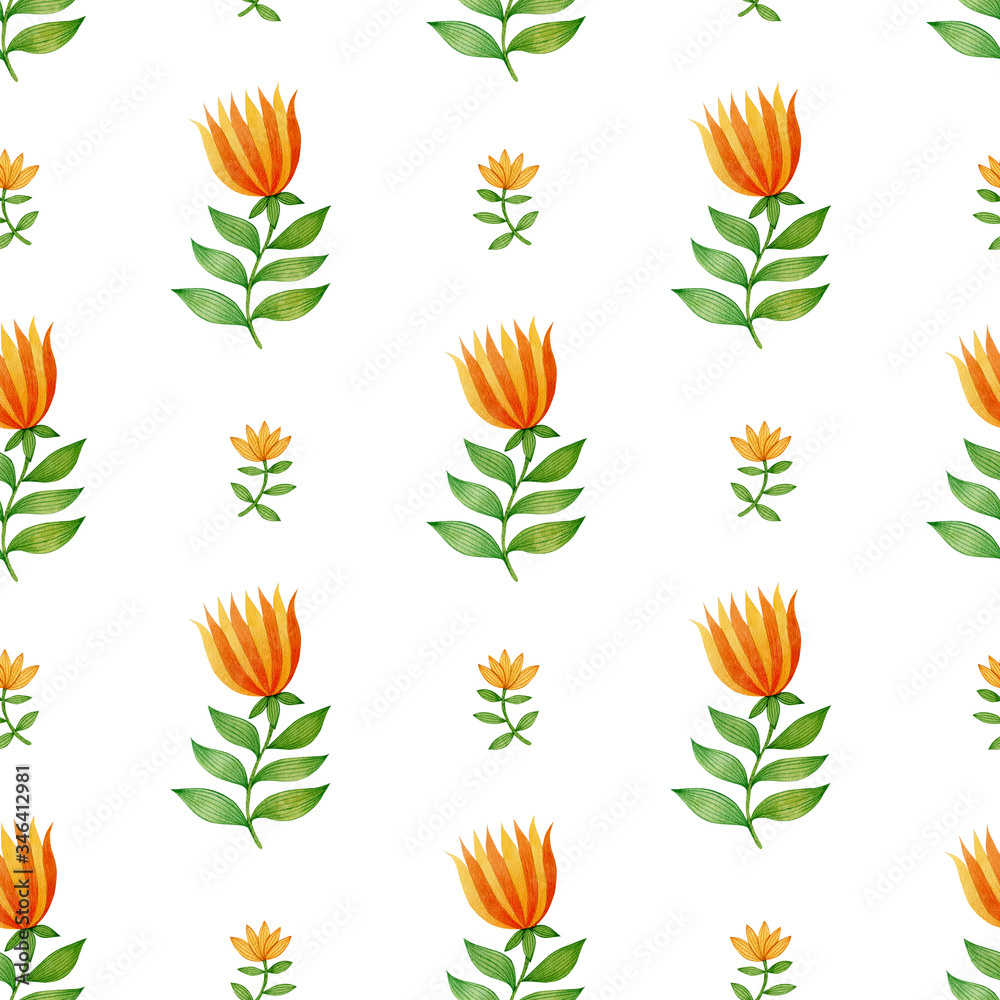 Watercolor seamless pattern with decorative flowers on a white background.