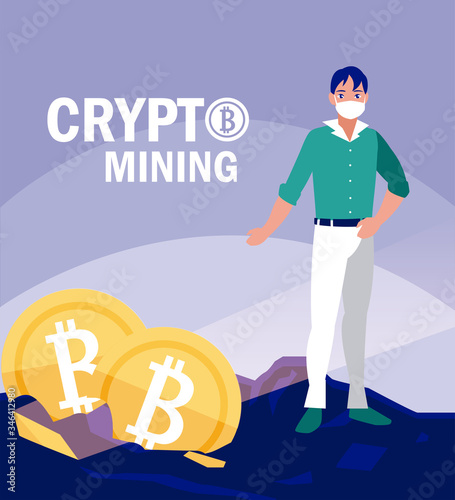 Man with mask and bitcoins vector design