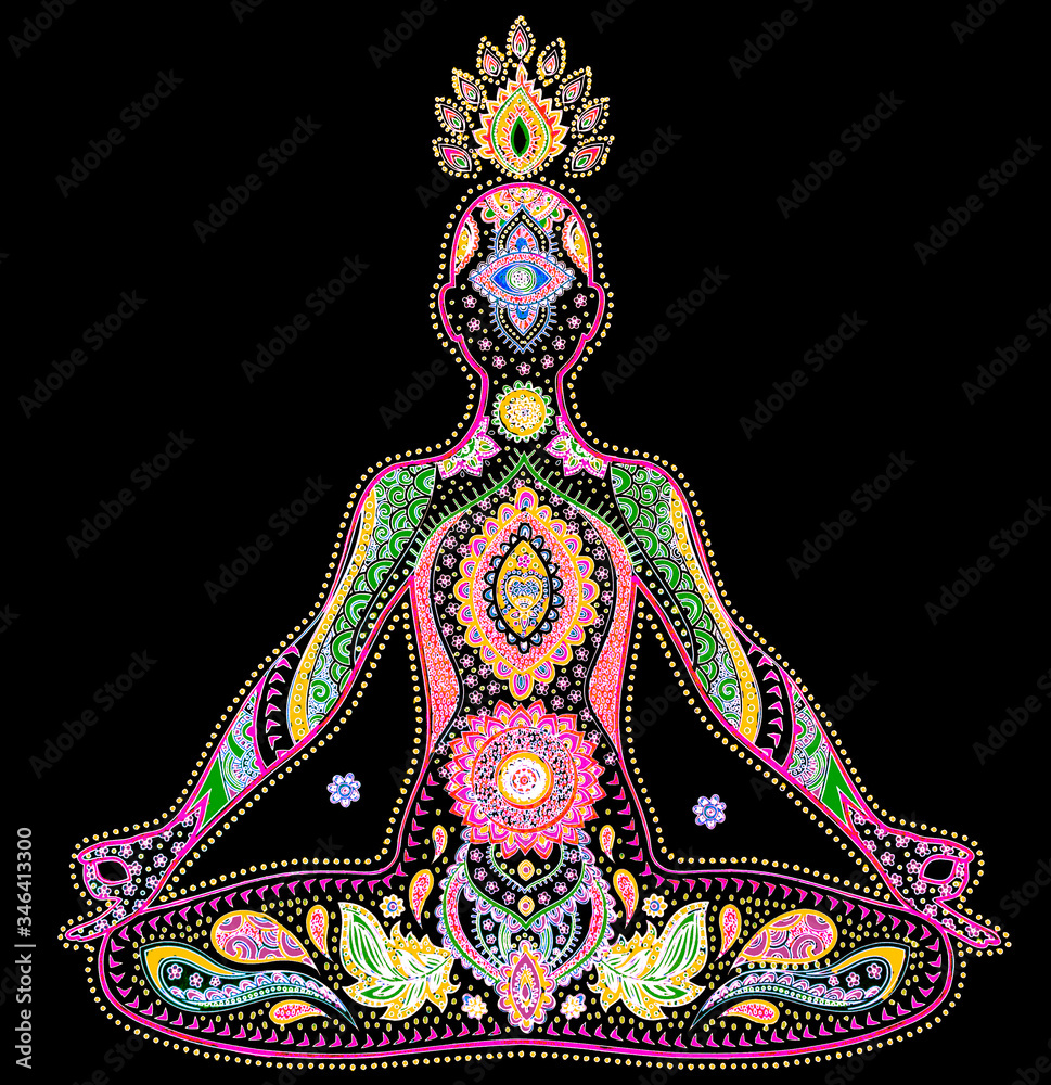 Fototapeta yoga lotus bouddha méditation posture dessin chakra coloré éveil œil