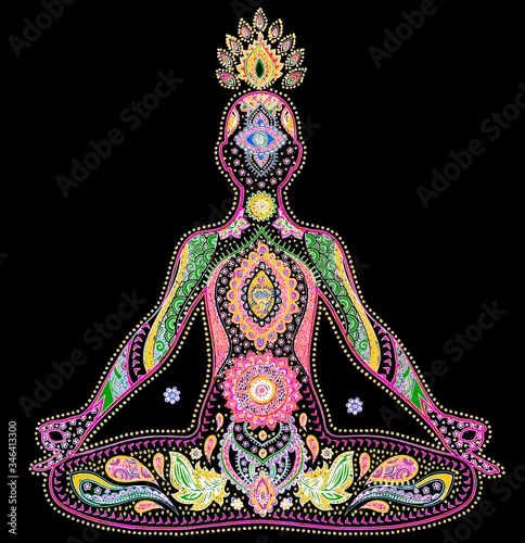 Fototapeta yoga lotus bouddha méditation posture dessin chakra coloré éveil œil