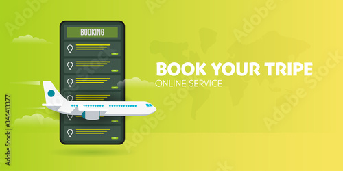 Time to travel banner Online booking service. Book travel on the smartphone. Trip planning. Online reservation of plane and train tickets.